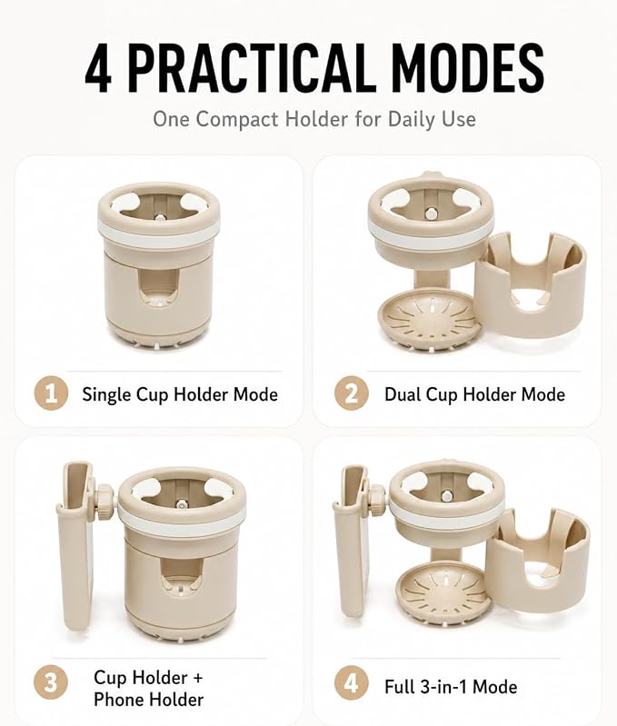 3-in-1 Stroller Cup Holder with Phone Holder, Dual Cup Holder with Upgraded Double Clamp, Universal Cup Holder for Stroller, Walker, Wheelchair & Bike, Anti-Spill Stable Drink Organizer (Khaki)