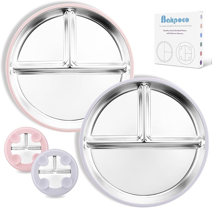 Bakpoco Stainless Steel Baby Plate with Suction, 9??Divided Toddler Plates with Removable Silicone Sleeves for Kids, Non-Toxic Non-Slip Unbreakable Dishwasher Safe Dinnerware Set of 2, Pink & Lilac