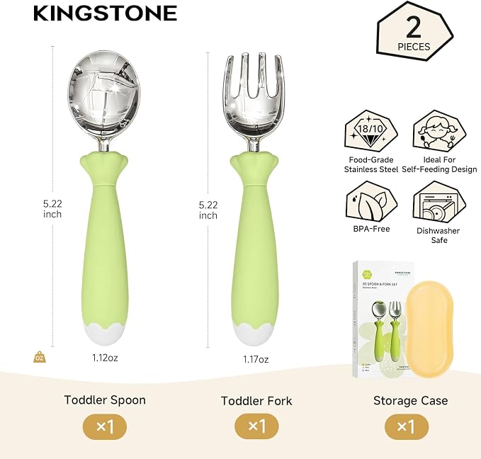 KINGSTONE Toddler Utensils with Case, Kids Silverware Set with Silicone Handles, 18/10 Stainless Steel Children Safe Forks and Spoons, Travel Carrying Cases BPA Free, Dishwasher Safe (green)