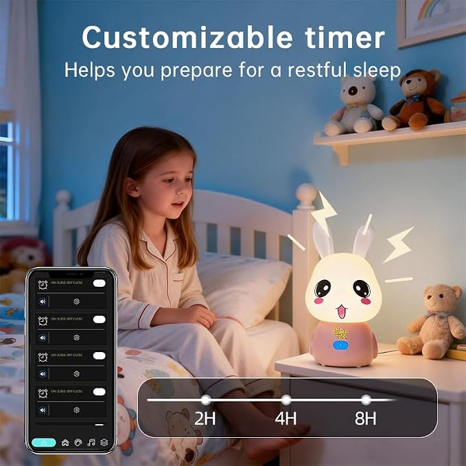 wapentake Cute Bunny Night Light for Kids, 16 Colors Changing Baby Night Light with Bluetooth Speaker & Music, APP Control Rechargeable Nursery Night Light, Smart Alarm Clock Wake Up Light, Lamp Gift