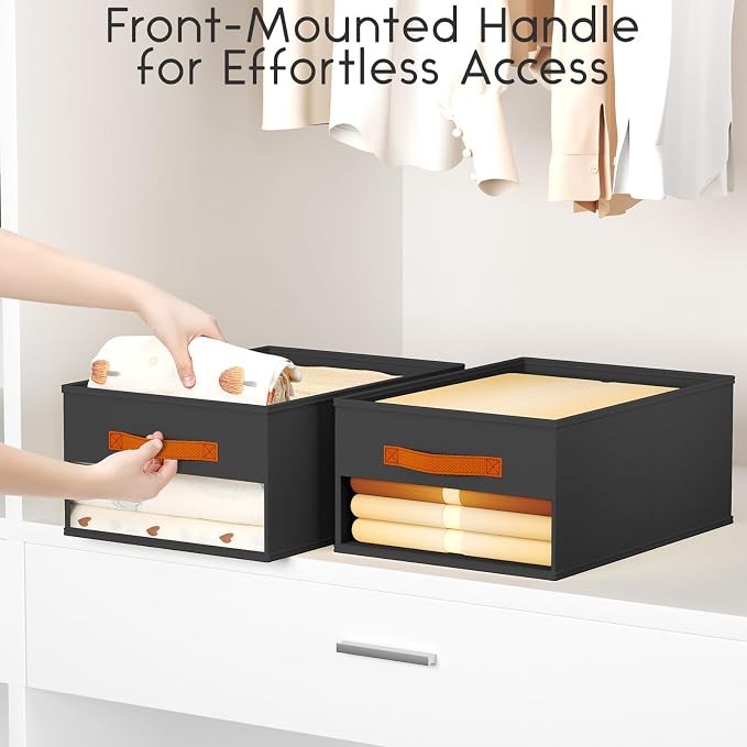 Homsorout Drawer Organizers and Storage - 10 Pack Foldable Pants Organizer with Clear Window & Handles, Fabric Closet Organizer for Clothes, Jeans, Sweaters, Towels, T-shirt, Scarf (Black)