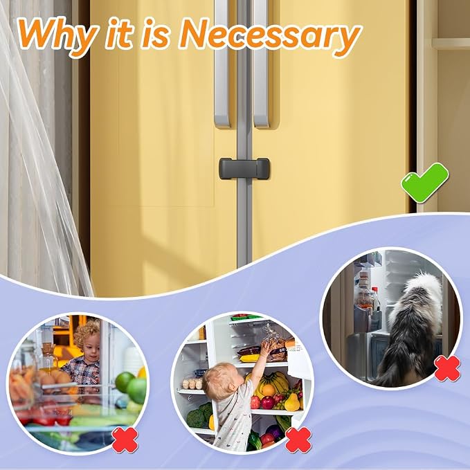 SAFELON 2 Pcs Baby Safety French Fridge Door Lock, Childproof Double Door Refrigerator Lock, Cabinet Cupboard Lock for Toddlers & Babies, Easy to Install (Black)