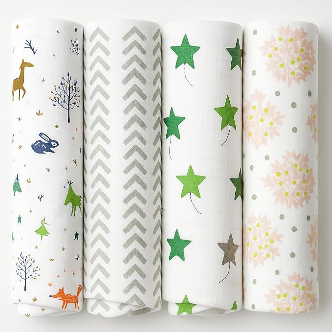 100% Muslin Swaddle Blankets,Baby Swaddling Blankets for New Born, Baby Receiving Blankets Unisex, Soft, Warm and Cosy Blankets Pack of 4, Size 47 x 47 inches,Gift for New Mom Twinkle