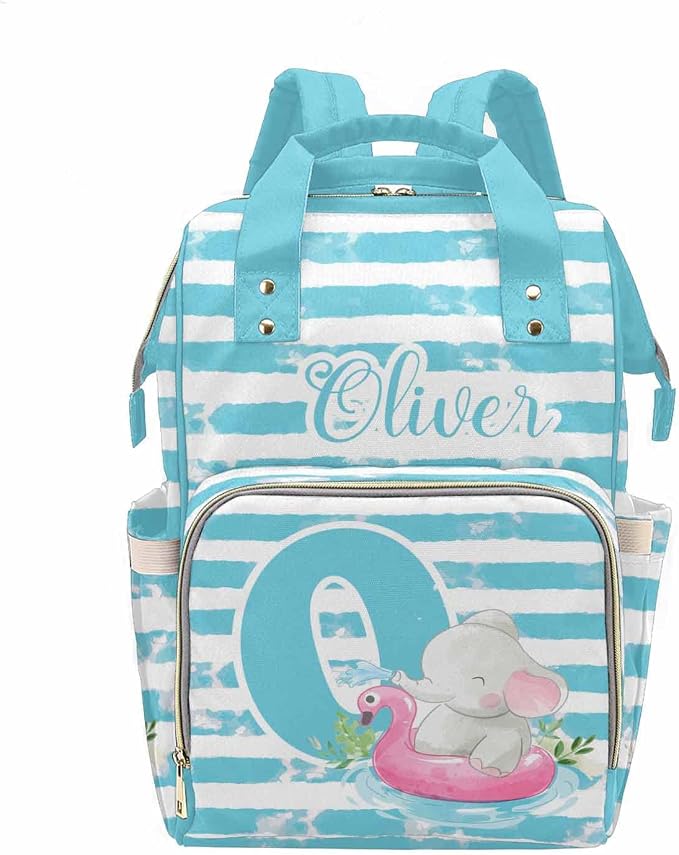 M YESCUSTOM Custom Name & Letter Diaper Bag Personalized Blue and White Stripes Mommy Bag Backpack Customized Baby Bag with Cute Animal