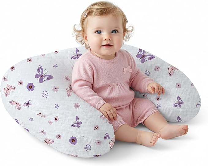 Little Grape Land Muslin Nursing Pillow, Soft 100% Cotton Breastfeeding Pillow with Breathable Removable Cover, Purple Butterfly Breast Feeding Pillows for Babies 0-12 Months with Protective Zipper