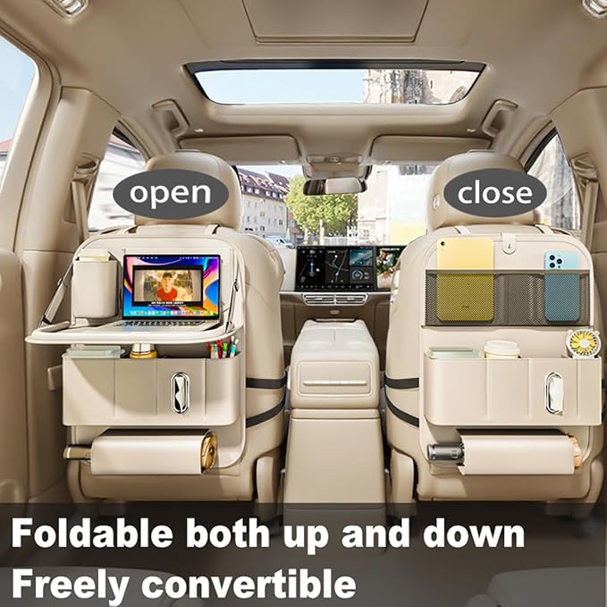 GMQ Backseat Car Organizer with Tray 1 Pack,Car Backseat Organizer with Foldable Table for Kids,Multifunctional Seat Back Organizer with Storage Pockets Car Storage Organizer (Beige)