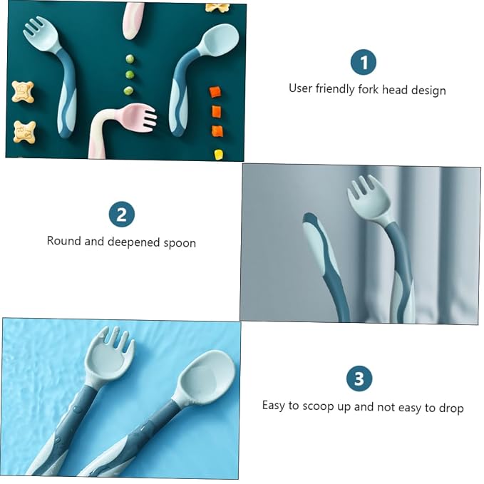 PRETYZOOM 2 Sets Silicone Fork and Spoon Utensils with Flexible Soft Tips Non Slip Handles Weaning Cutlery for Safe and Portable Feeding Tools