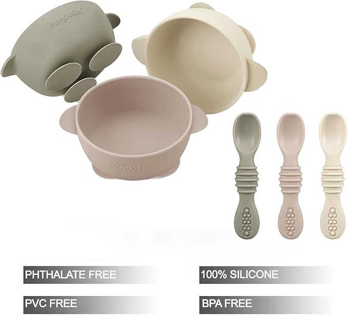 PandaEar 3 Pack Silicone Suction Baby Bowls & 3 Baby Feeding Spoons | Non-Slip Stay Put Bowls & Soft Silicone First Stage Spoons for Toddlers, BPA-Free Baby Led Weaning Set (Linen Brown Tan)