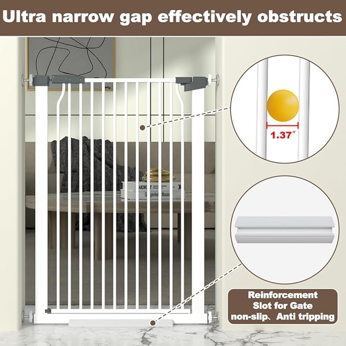 41" Extra Tall Baby Gate for Doorways and Stairs No Drill, Adjustable 60.3-65.7" Auto Close Dog Gate Indoor, Pressure Mounted Walk Through Swing Wide Pet Gate, Tall Cat Gate with Expansion Kit, White