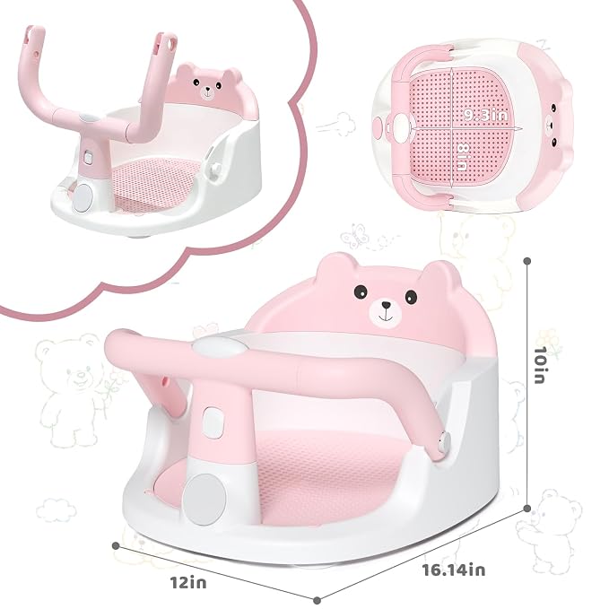 Baby Bath Seat for Babies 6 Months & Up, Non-Slip Toddler Bath Seat with Suction Cup, Baby Friendly and Comfortable Portable Infant Bathtub Chair Sitting Up for Bathroom (Pink)