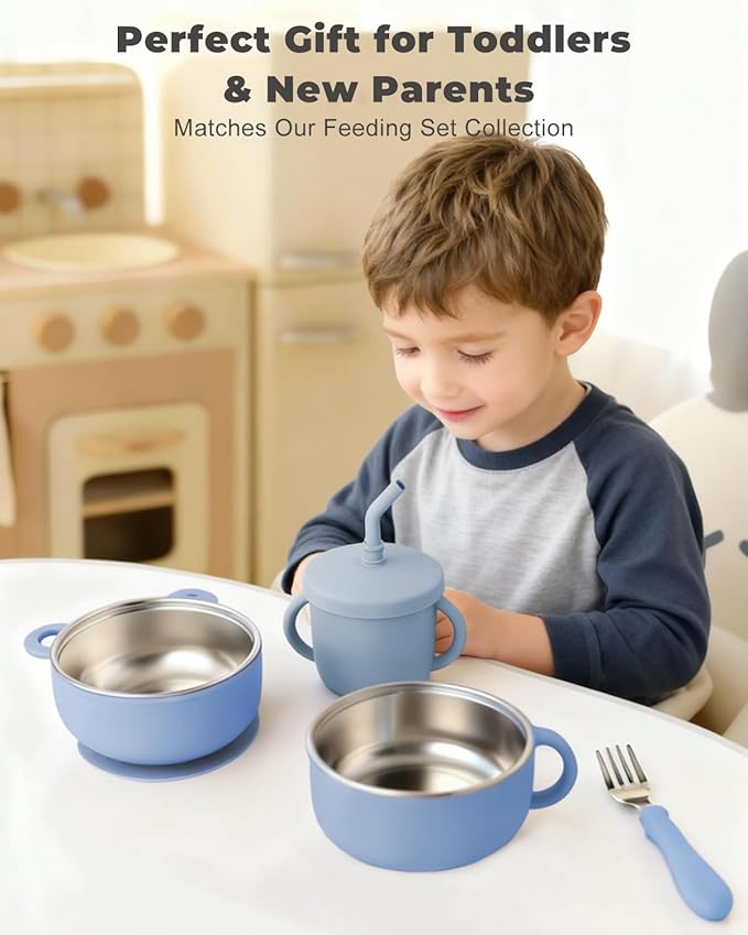 Bakpoco 4-in-1 Stainless Steel Silicone Sippy Cup, 8.5oz Toddler Open Cup with Straw, Sippy & Snack Lids, For Baby Led Weaning, Toddlers 1-3 Years Trainning Kids Drinking, Dishwasher Safe, Sage