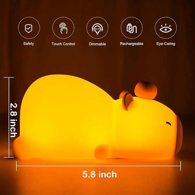 Capybara Night Light Cute Squishy Silicone Nursery Nightlight Dimmable Animal Bedside Lamp with Tap Control Christmas Gift for Kids Girls Boys Women