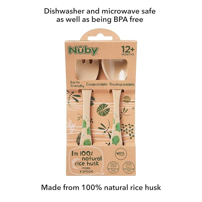 Nuby Eco-Friendly Natural Rice Husk Spoon and Fork Set- 2 Piece Set, Frog Print, 6+ Months- Fully Compostable and Biodegrable (Pack of 2)