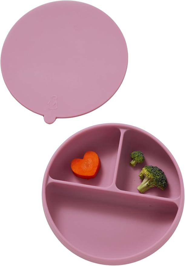 Konny EASYFEED Silicone Plate with Lid (1-4Y) 3-Divided Suction Plate Baby Led Weaning Supplies Training Baby Utensils Feeding Supplies (Pink)