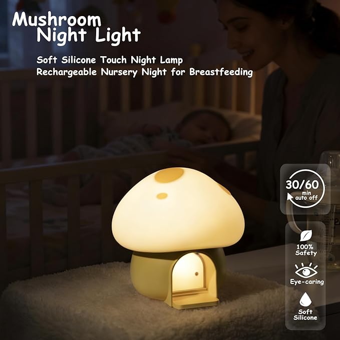 Kids Night Light, Mushroom Bunny Silicone Nursery Lamp, Tap Control 3-Level Dimmable, 30/60Min Timer, 1200mAh Rechargeable Cordless LED Bedside Sleep Light for Toddler Baby Bedroom
