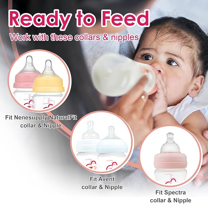 NENESUPPLY Breastmilk Storage Bottles Collection for Spectra S1 S2 Motif Luna Breast Pumps 4 pc 9oz 280ml with Collar and Sealing Disc. Replace Spectra Bottles for Pumping Wide-Mouth