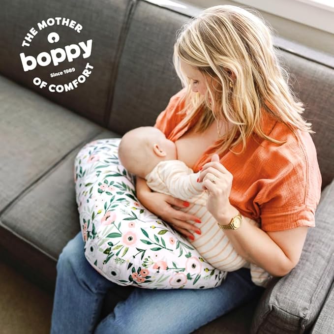 Boppy Nursing Pillow - Firm, Ergonomic U-Shaped Bottle and Breastfeeding Pillow with High Lift for Comfort and Support, Spacious Surface - Pink Garden Flowers