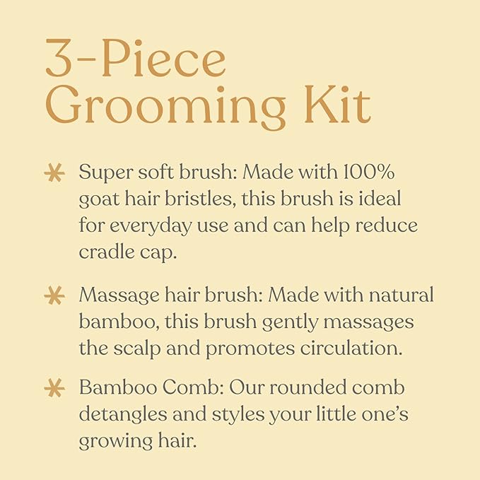 ELLAOLA Natural Bamboo Hair Brush & Comb Set, 3 Piece - Cradle Cap Brush, Massage Hair Brush, Bamboo Comb for Toddlers, Newborns & Infants I Baby Registry Gift