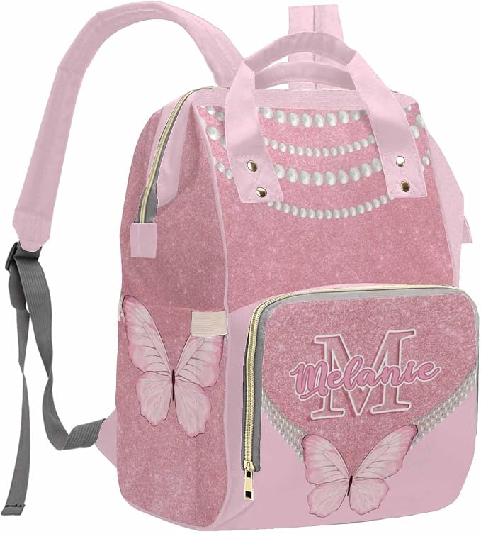 MyPupSocks Custom Butterfly Diaper Bag Backpack for Mom Daughter Granddaughter - Personalized Nappy Mommy Bag Backpack Diaper Bag in Pink with Name
