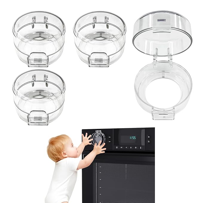 4PCS Gas Stove Knob Covers for Child Safety - Heat-Resistant Baby Proof Stove Knob Covers, Universal Size Stove Knob Safety Covers with Adhesive, Adjustable Child Safety Stove Guard(Clear)