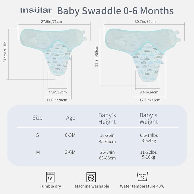 insular Baby Swaddle Wrap, Swaddle Blanket for Newborn and Infant, Adjustable Swaddling Set for Boy and Girl, Soft Cotton Baby Sleep Sack 3 Pack, Clouds, Small(0-3 Month)