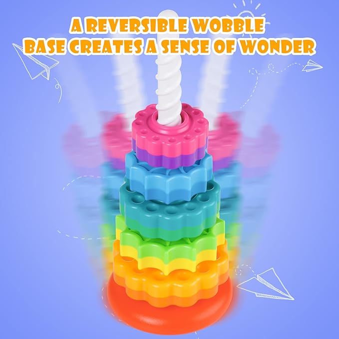 Spinning Stacking Toy for Kids, Rainbow Tower Dual-Color Spinning Wheels Premium Strong BPA-Free ABS Plastic Early Education Fun Learning and Engaging Brain Development Toys (Small)