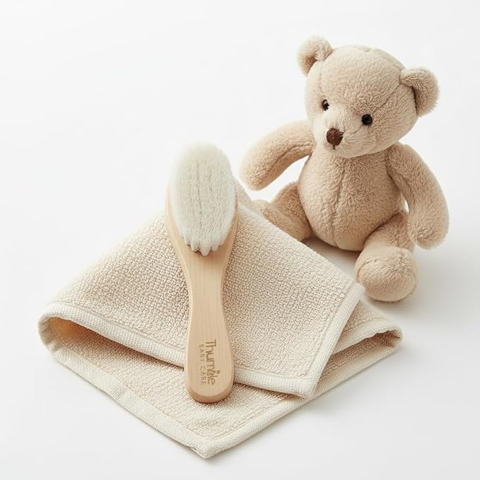 Baby Hair Brush by Thumble Baby Care | Gentle Goat Bristle Cradle Cap Scalp Massager | Set for Newborns, Infants & Toddlers | Natural Wooden Alternative | Plastic-Free
