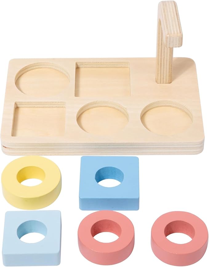 Adena Montessori Wooden Stacking and Sorting Ring,Wooden Rings on Peg,5 Shapes on Curved Peg Horizontal Dowel Variation,Baby Toddler Educational Eearly Learning Toys for 1 Year Olds Boy and Girl Gift