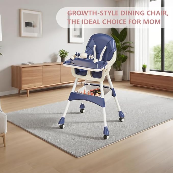 Portable Baby High Chair for Babies & Toddlers, Easy-Clean Multi-Use Feeding Chair with Lockable Wheels & Toy Storage Basket-Blue