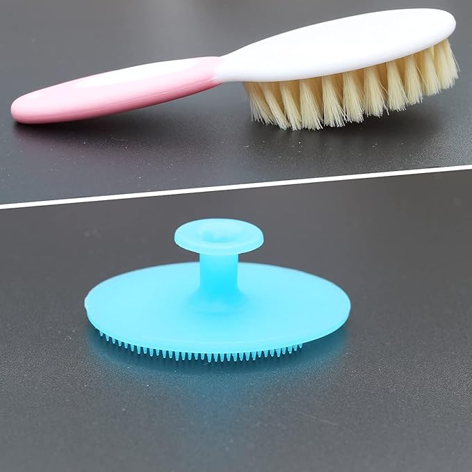 Baby Hair Brush &Silicone Baby Cradle Cap Brush Set, for Newborns & Toddlers-Natural Soft Goat Bristles-Ideal for Cradle Cap-Perfect Baby Registry Gift (Pink)
