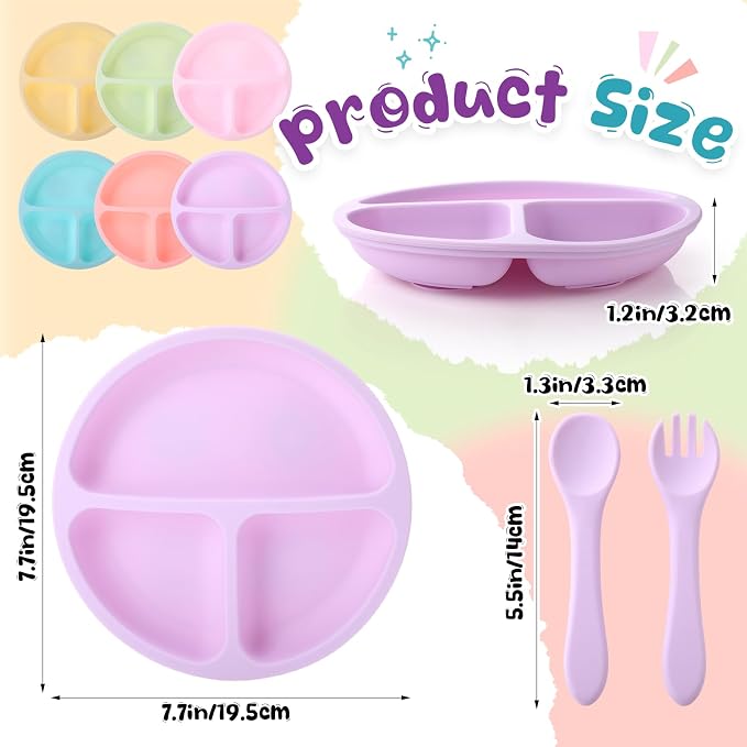 Meanplan 6 Pack Suction Plates for Toddlers with Lids Silicone Baby Plates set Food Grade Silicone Divided Design Microwave and Dishwasher Safe Assorted Colors(Macaron Colors)