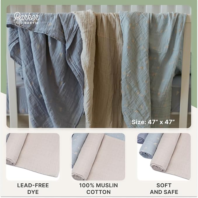 Parker Baby Co. Swaddle Blankets - Pack of 3 of 100% Cotton Muslin Swaddle Blankets for Baby Boys and Girls - Unisex/Gender Neutral - Cloud Set
