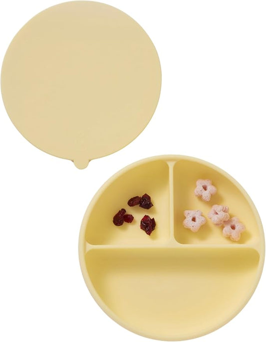 Konny EASYFEED Silicone Plate with Lid (1-4Y) 3-Divided Suction Plate Baby Led Weaning Supplies Training Baby Utensils Feeding Supplies (Lemon Yellow)