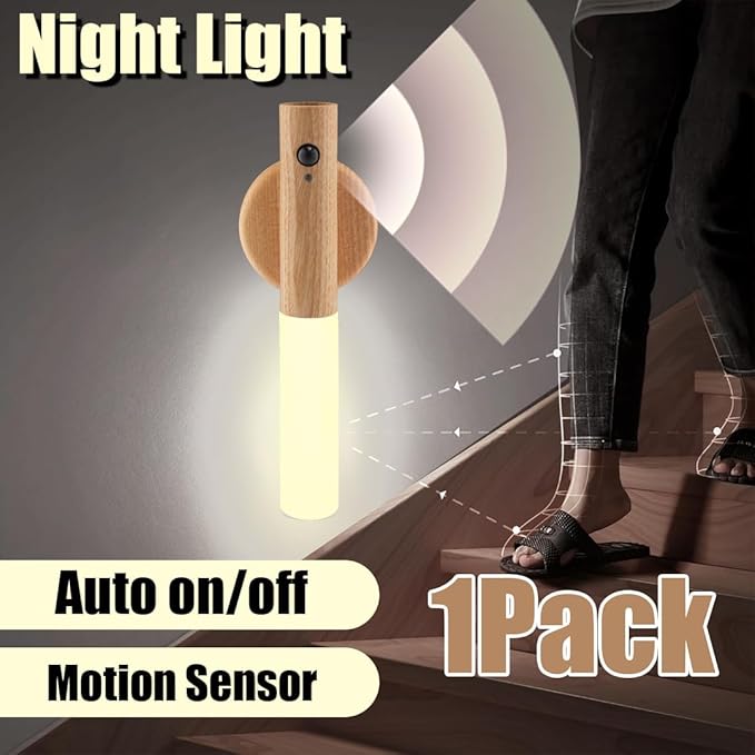 LANDGOO 2-Pack Magnetic Night Light with Motion Sensor, Ash Wood Cylindrical Rechargeable LED Lamp Set, White Light Only, Portable Bedside Lights for Bedroom Nursery
