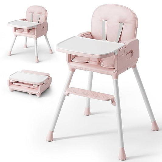 Obee Odee 3-in-1 Portable Baby High Chair for Babies and Toddlers, Convertible Easy Clean Infant Foldable Highchair with Adjustable Legs & Dishwasher Safe Tray, Pink