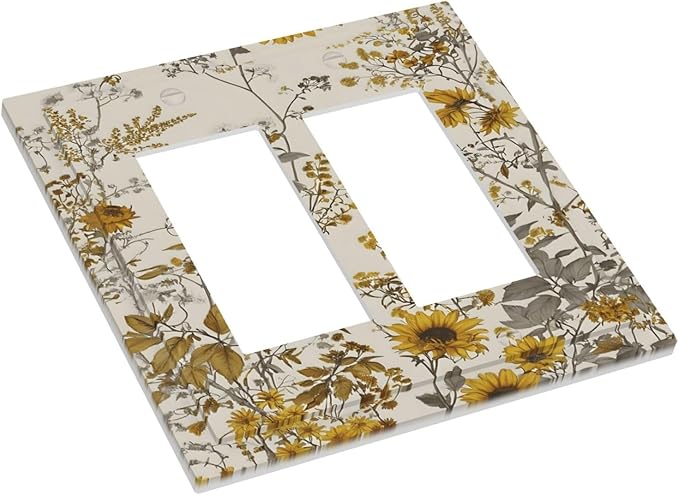 Boho Wildflowers Daisies Sunflowers Plant Floral Decorative Outlet Covers 2 Gang Double GFCI Rocker Electrical Wall Panels Light Switch Cover Plate for Bedroom Living Room Decor