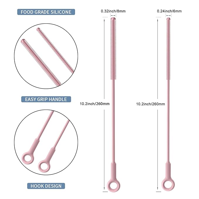 Reusable Silicone Straw Cleaner Brush Set, 2-Pack Extra Long Straw Cleaning Brush for Metal Glass Water Bottle Drinking Straws, Flexible&Bendable Design, Dishwasher Safe, 6mm & 8mm Diameter