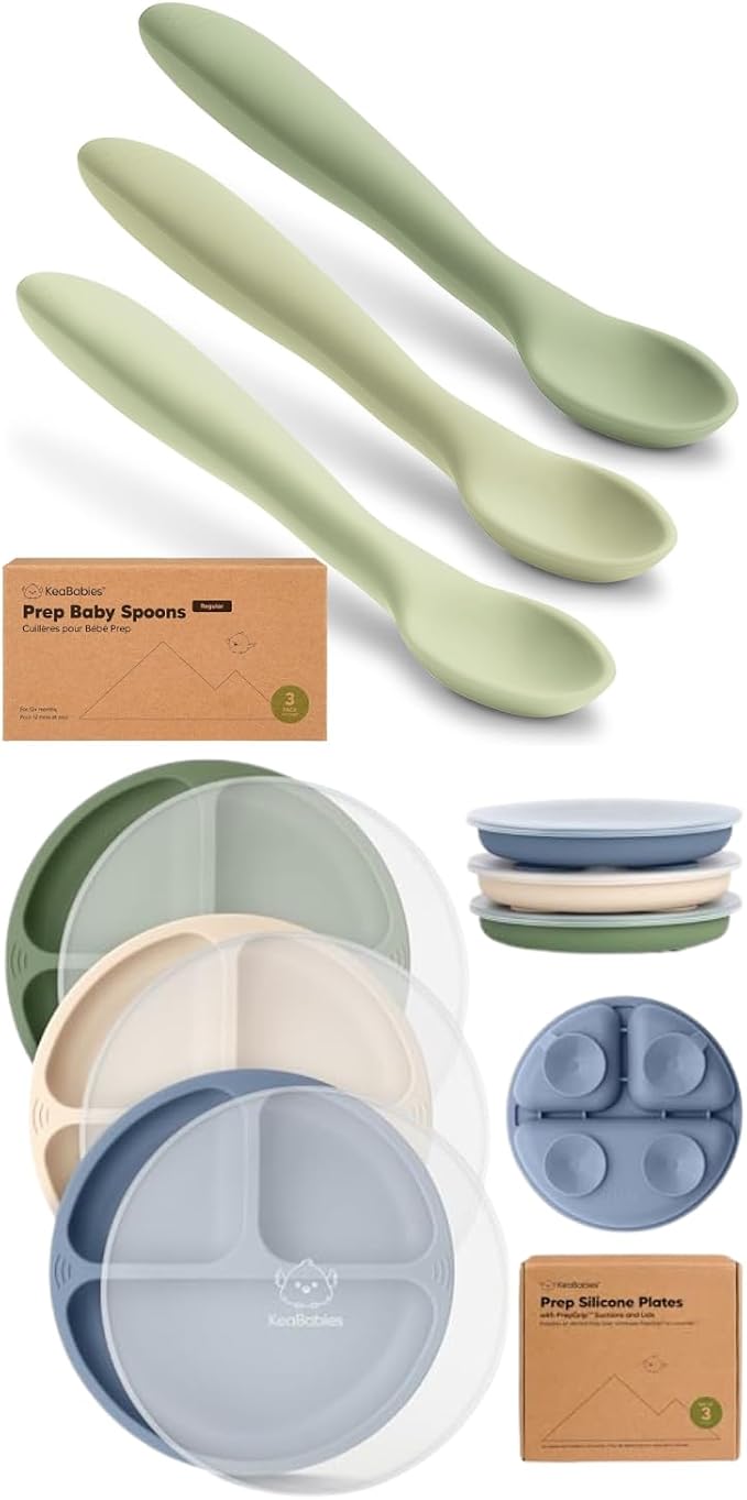 KeaBabies 3-Pack Silicone Baby Spoons and 3-Pack Suction Plates with Lids - Toddler First Food Training Spoon - 100% Silicone Suction Plates with Lids for Babies