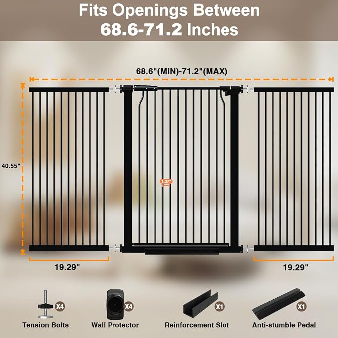 40.55" Extra Tall and Wide Baby & Dog Gate, 68.6-71.2 in, Pressure Mounted, Black