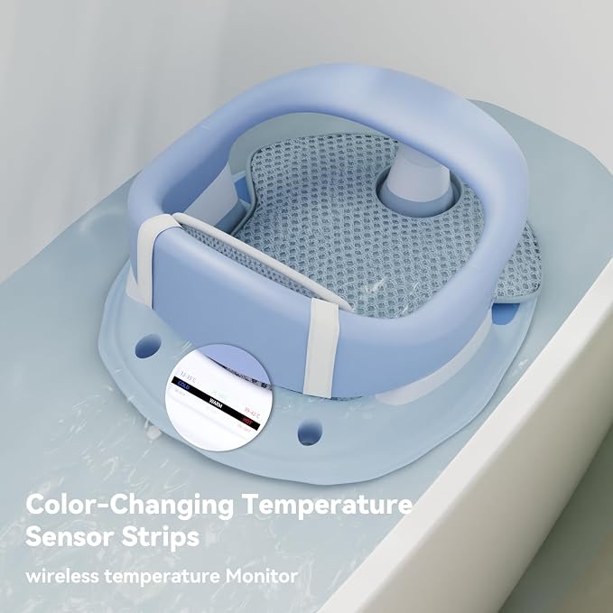 Baby Bath Seat for Babies 6 Months & Up - 360° Protection Baby Bath Chair with Temperature Alert & Cushion | Non-Slip Toddler Bathtub Seat | Newborn Infant Bath Tub Seats for Babies Sitting Up (Blue)