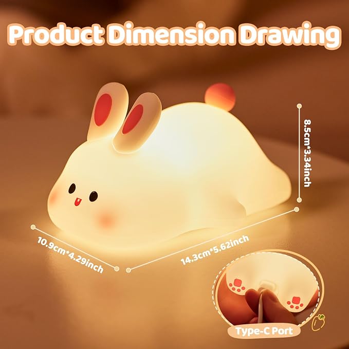 Rytinazzz Silicone Night Light for Kids, 50H Long Battery Big Face Rabbit Lamp, Gift for Kids, Soft Dimmable Bedside Light, Rechargeable Tap Control