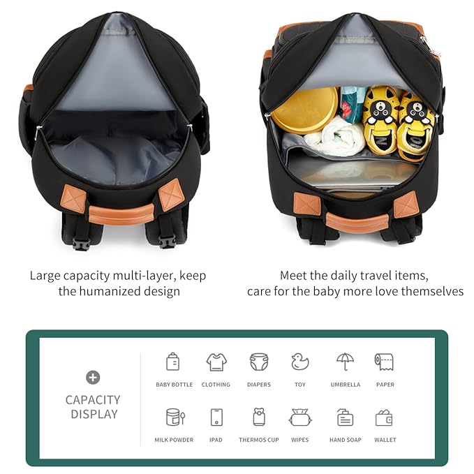 Diaper Bag Backpack, Large Baby Nappy Bags with Portable Changing Pad for Boys and GirlsMultifunction Travel Baby Bag for Moms Dads, Shower Gifts Waterproof and Stylish，Black