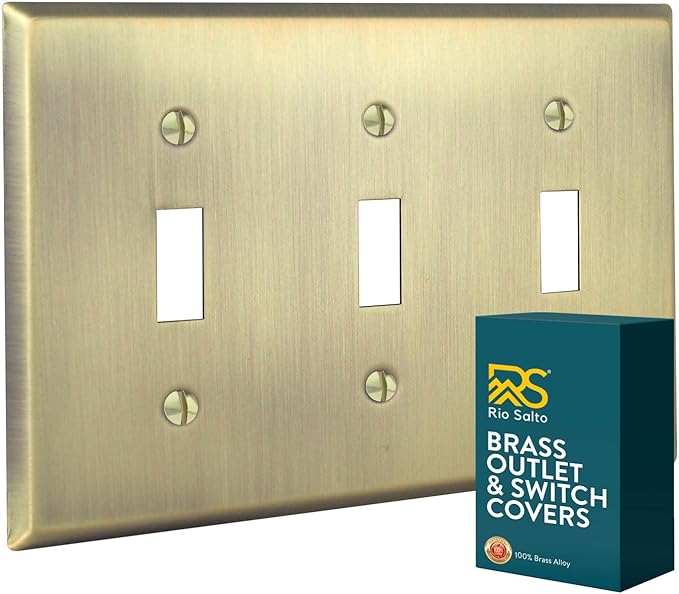 Rio Salto BRASS Signature Collection Antique Metal Gold Triple Toggle Light Switch STANDARD SIZE Metal Wall Plate 3-Gang Wallplate Cover Covers Vinatge Matte Gold Finish (Toggle, 3-Gang)