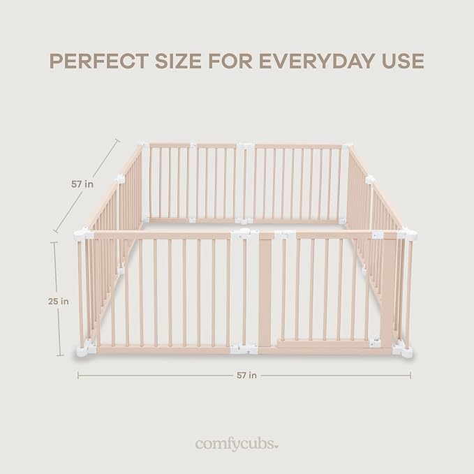 Comfy Cubs Baby Gate Playpen - 57 x 57 x 25 in, Extends Up to 228” - Pine Wood Foldable Playpen with Child-Proof Lock - Easy Assembly Baby Fence Play Area for Babies & Toddlers - Blush