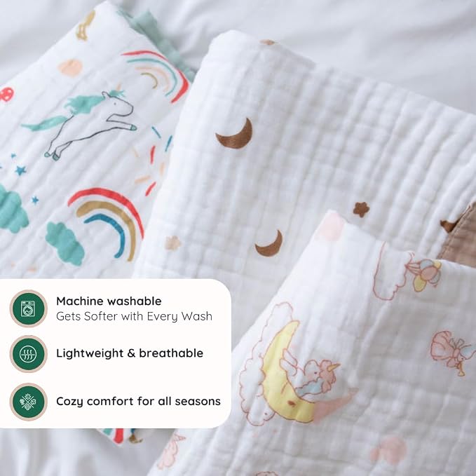 Organic Cotton Baby Blanket | Soft & Breathable 6-Layer Swaddle & Receiving Blanket | Lightweight Quilt for Newborns & Toddlers | Gender-Neutral(Multiple Adorable Prints) (Lilac Flutter)