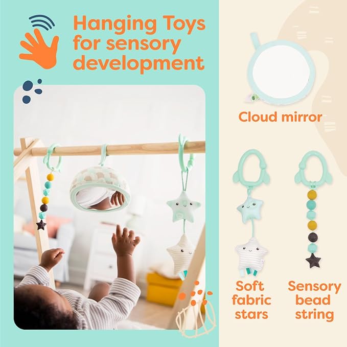 B. toys ??Wooden Baby Play Gym ??Activity Mat ??Starry Sky ??3 Hanging Sensory Toys ??Natural Wood ??Babies, Infants
