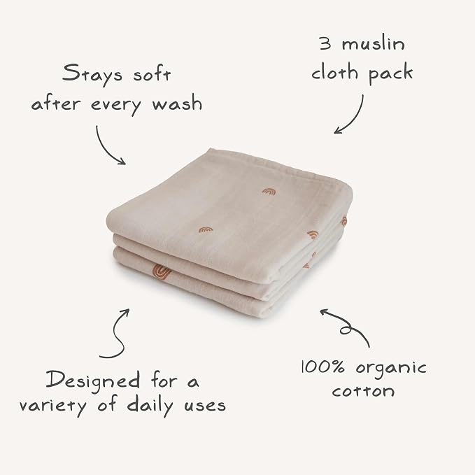 mushie Muslin Baby Cloths | 100% Organic Cotton | 23.5" x 23.5" (Fog) 3-Pack