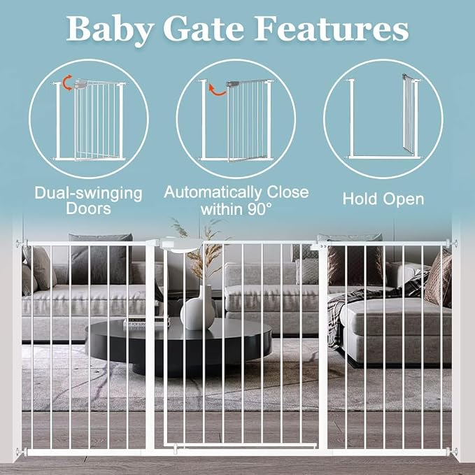 WAOWAO Triple Lock 68.11-75.98" Baby Gate Extra Wide Pressure Mounted Walk Through Swing Auto Close Safety White Metal Dog Pet Puppy for Stairs,Doorways,Kitchen
