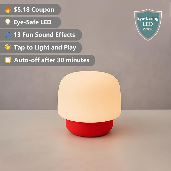 Mushroom Night Light for Kids-Gift & Toy for Kids, Touch Lamp with Sounds&Sleep Music, Squishy Silicone, Eye-Safe LED, 30-Min Timer, Dimmable Rechargeable Bedside Table Lamp ??Gift for Boys & Girls