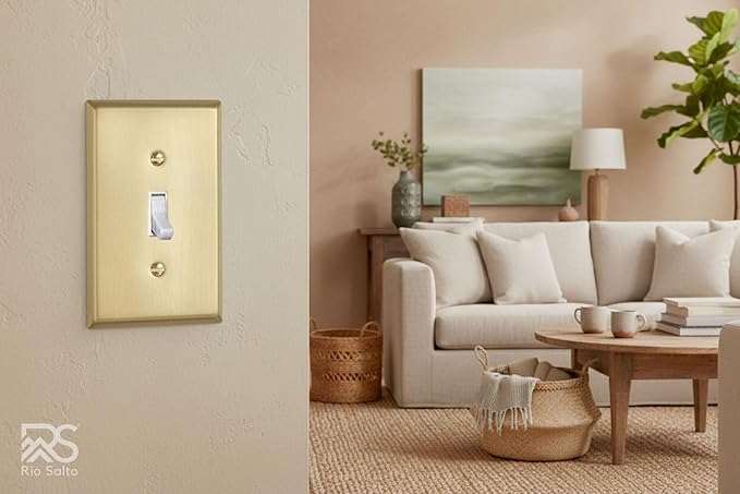 Rio Salto BRASS Signature Collection Brushed Brass Gold Metal Outlet Cover, Decorative Light Switch Cover Plate Wall Plate, Premium, Toggle Flip Switch 1-Gang, 2.75" X 4.50" Standard Size 2-pk